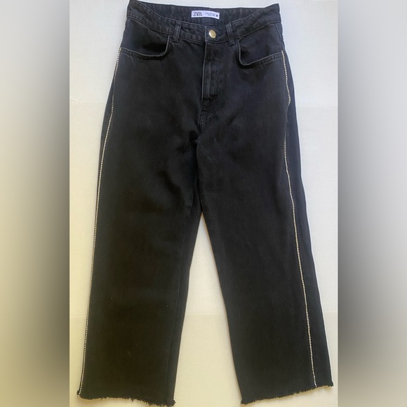 ZARA Side Rhinestone Embellished Black Jeans Frayed Hem Size 8 US - Picture 10 of 16